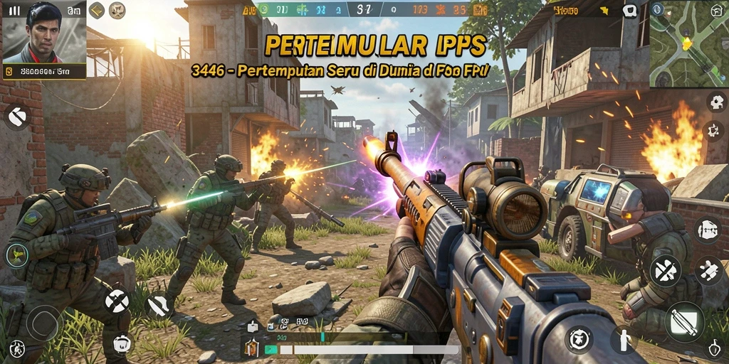 Screenshot gameplay 3446 menampilkan aksi baku tembak yang intens di medan perang.