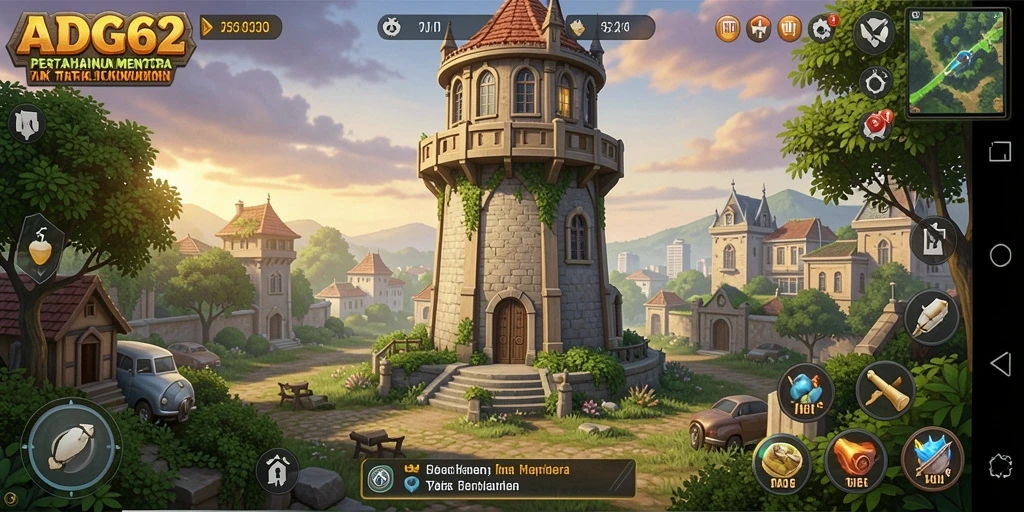 Screenshot gameplay ADG62 menunjukkan serangan menara melawan gelombang musuh.