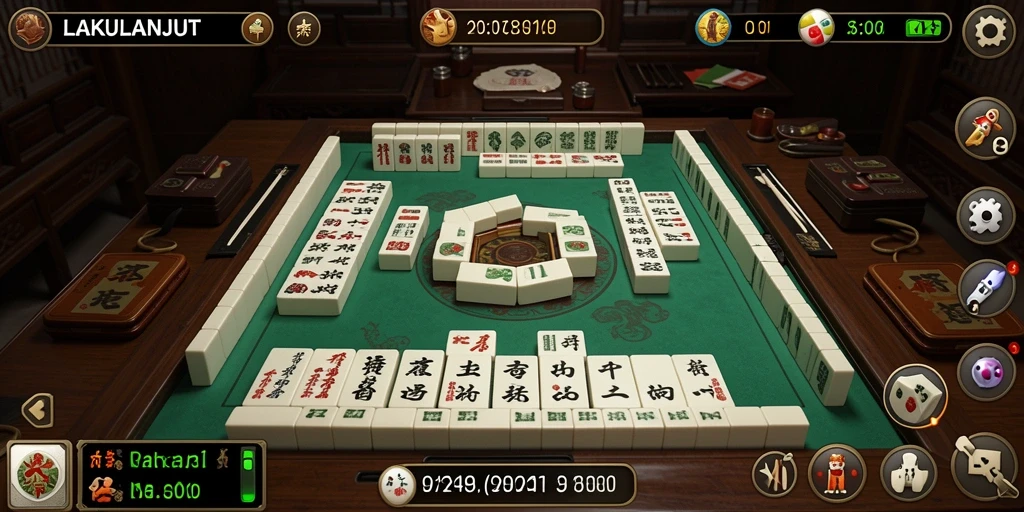 Tampilan gameplay menarik dari LAKULANJUT dengan ubin Mahjong.