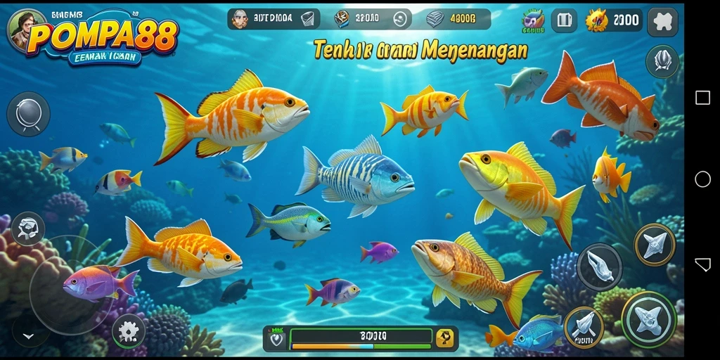 Gameplay POMPA88 dengan berbagai ikan berwarna dan tantangan menangkap.