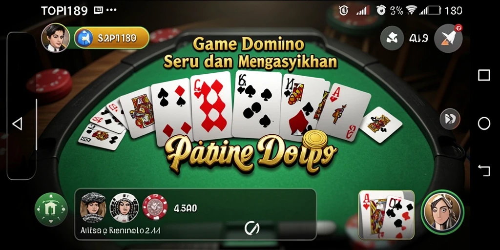 Menampilkan gameplay TOPI189 yang seru dalam permainan Domino.